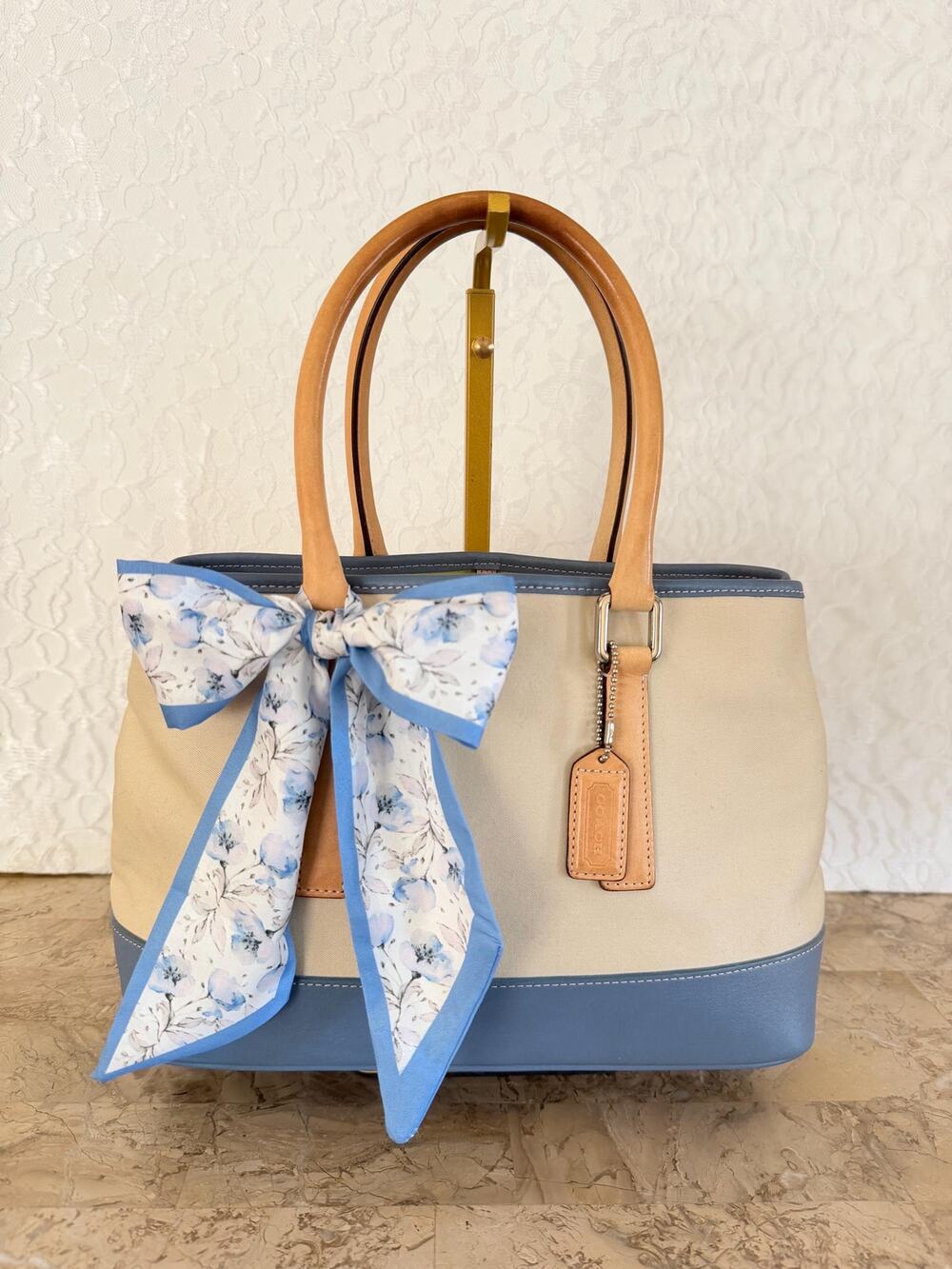 Coach Hampton natural/blue Legacy leather medium tote shoulder bag handbag 7771